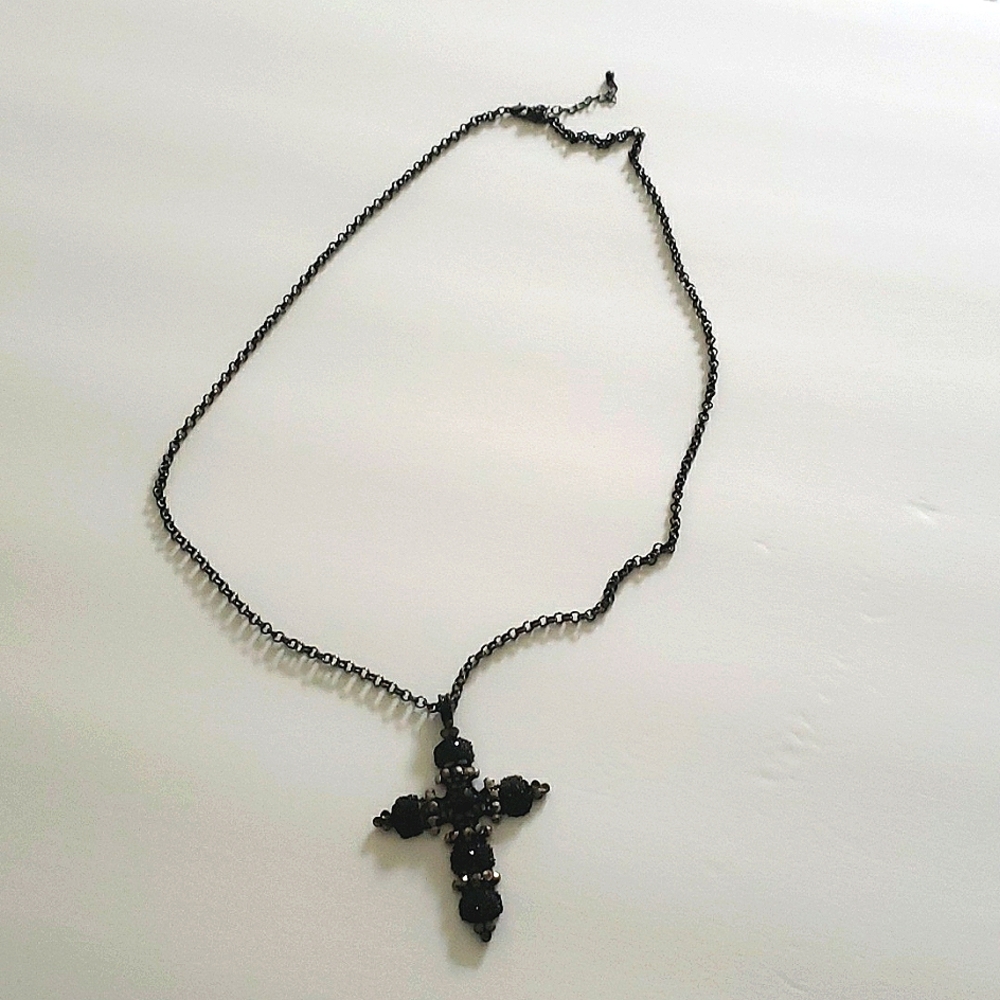 Black and stone cross long necklace